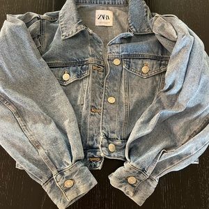 Zara crop denim jacket with puff sleeves